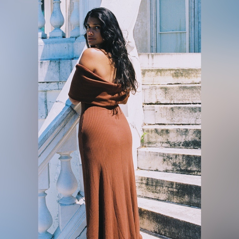 Mara Hoffman Imogen ribbed off-the-shoulder midi dress in a russet brown color L